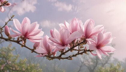 Fototapeta premium Delicate pink magnolia blossoms on a branch against a soft spring sky , delicate, flora, blossom