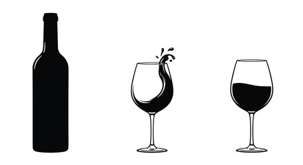 Set of wine bottle with wine glasses vector icons. Silhouette bottle and glass of wine vector. Alcohol glass icon
