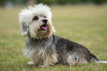 Adorable Dandie Dinmont Terrier Dog Sitting in Grass