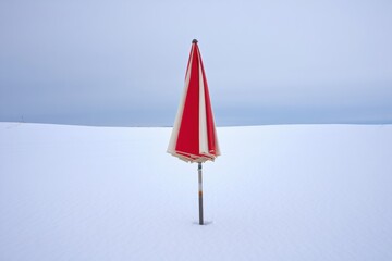 Beach umbrella in the middle of snow-covered field.