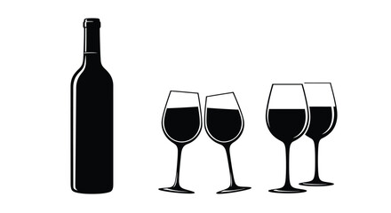 Set of wine bottle with wine glasses vector icons. Silhouette bottle and glass of wine vector. Alcohol glass icon