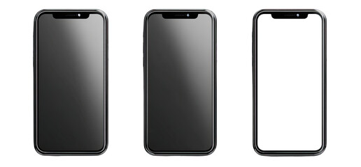 Three smartphones with different screen displays black, dark gray, and blank white