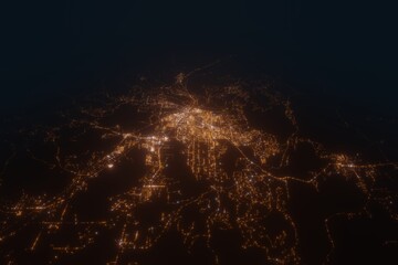 Aerial view on Missoula (USA) from west. Satellite view on modern city at night