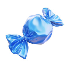 A shiny light blue wrapped candy with tied ends floating against a solid black background rendering on transparent background