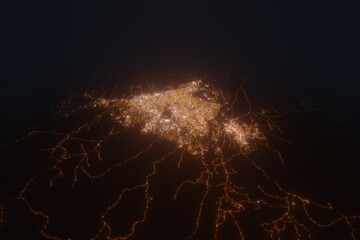 Aerial view on Juba (South Sudan) from south. Top view on modern city at night from space