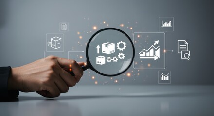 Hand holding magnifier over icons, showing analysis and process improvement details