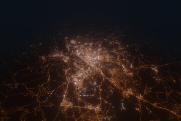 Aerial view on Damascus (Syria) from west. Top view on modern city at night from satellite