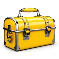 Yellow metal toolbox with silver accents, isolated on white background. The box has a curved lid, carrying handle, and clasps.