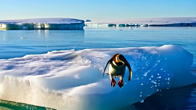 Gentoo penguin leaping from ice floe over tranquil blue water in a polar environment with distant icebergs under a clear sky.