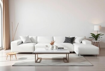 Sleek white sofa, low profile coffee table, geometric rug, sparse décor , house, sofa
