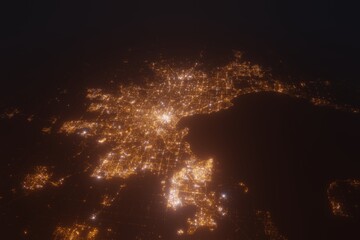Aerial view on Melbourne (Australia) from west. Top view on modern city at night from space