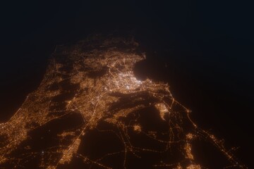 Aerial view on Baku (Azerbaijan) from west. Satellite view on modern city at night