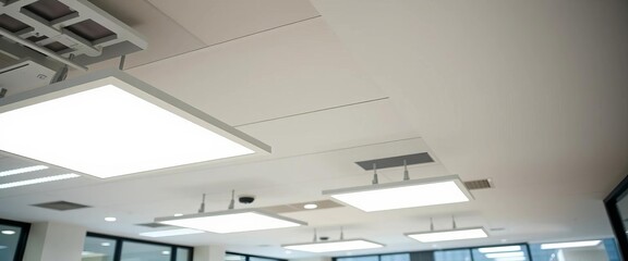 Fototapeta premium Sleek white square LED downlight in modern office with suspended ceiling, clean, clean lines