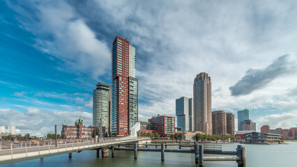 Fototapeta premium Hyperlapse of the Rijnhaven Bridge with skyscrapers in Rotterdam, Netherlands.