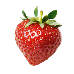 Single, ripe strawberry, displaying vibrant red hue, small seeds, and green leaves