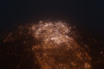 Aerial view on Ouagadougou (Burkina Faso) from east. Top view on modern city at night from satellite