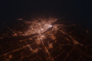 Aerial view on Quebec (Canada) from south. Satellite view on modern city at night