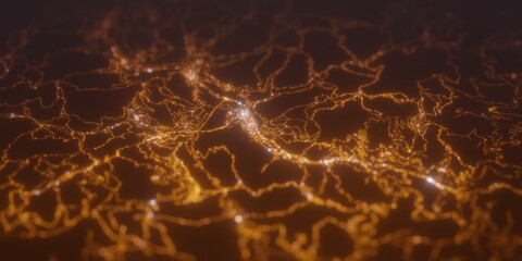 Street lights map of Andorra La Vella with tilt-shift effect, view from west. Imitation of macro shot with blurred background. 3d render, selective focus