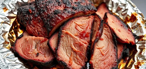 Smoked brisket slices, tender, juicy, flavorful bark, foil tray,  appetizing,  gourmet