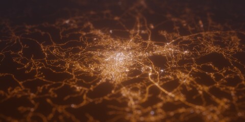 Street lights map of Pristina (Kosovo) with tilt-shift effect, view from north. Imitation of macro shot with blurred background. 3d render, selective focus