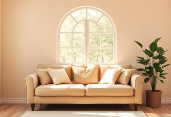 Soft beige sofa with plush cushions, near a leafy houseplant, sits beneath an arched window in a calm beige room,  simple,  cozy