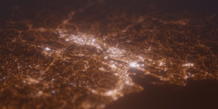 Street lights map of Bilbao (Spain) with tilt-shift effect, view from north. Imitation of macro shot with blurred background. 3d render, selective focus