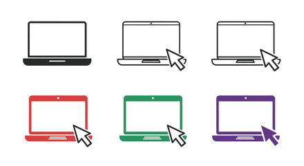 M (286).Laptop with pointer or cursor icon set. Notebook vector icon. Display with clicking mouse on white background.