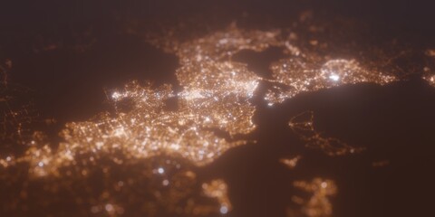 Street lights map of Aukland (New Zealand) with tilt-shift effect, view from east. Imitation of macro shot with blurred background. 3d render, selective focus