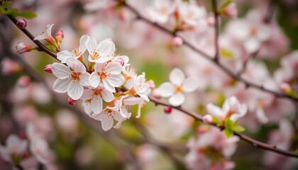 Obraz premium Soft focus spring cherry blossoms on gentle green, abstract floral background Ideal for greeting cards, template, soft
