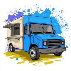 Obraz premium Blue and Beige Food Truck Illustration with Watercolor Splatter Background