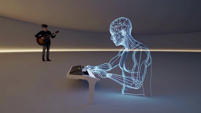 Futuristic Music Collaboration: AI Hologram and Guitarist in Digital Space