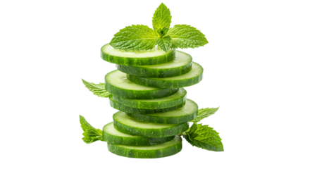 A fresh tower of cucumber slices topped with vibrant mint leaves promoting wellness on a black on transparent background