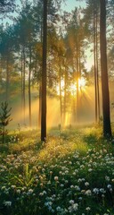 Sunlight streams through a misty forest filled with wildflowers