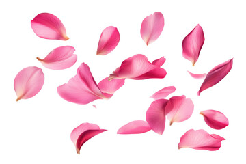 Scattered pink flower petals floating in the air against a stark black background creating a soft effect on transparent background