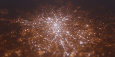 Street lights map of London (UK, England) with tilt-shift effect, view from west. Imitation of macro shot with blurred background. 3d render, selective focus
