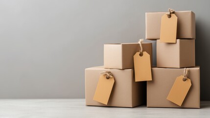 A collection of neatly stacked parcel boxes with tags, perfect for shipping and delivery purposes. Ideal for e-commerce and logistics themes.