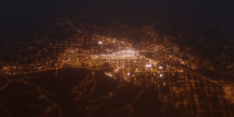 Street lights map of Grand Junction (Colorado, USA) with tilt-shift effect, view from north. Imitation of macro shot with blurred background. 3d render, selective focus