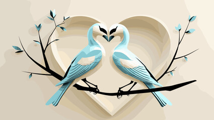 Fototapeta premium Two bluebirds forming a heart shape with their bodies, perched on a branch against a light background