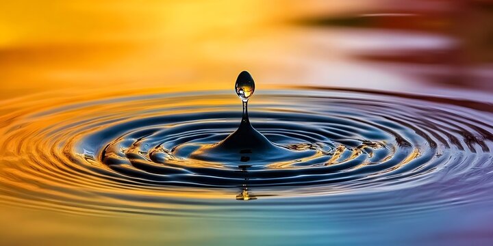 A single water droplet creating ripples in a pool of water with a colorful background effect visible