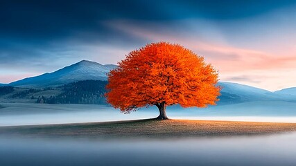 Solitary Autumn Majesty: A Vibrant Tree in Misty Mountain Valley - Powered by Adobe