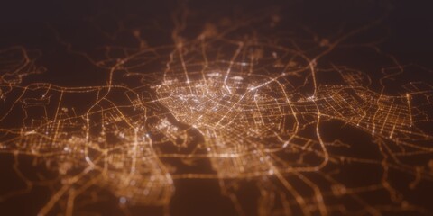 Street lights map of Harbin (China) with tilt-shift effect, view from west. Imitation of macro shot with blurred background. 3d render, selective focus