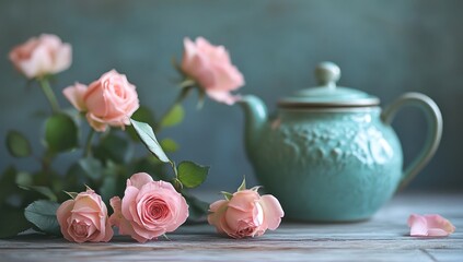 Delicate pink roses and a teal teapot on a weathered wood surface