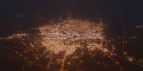Street lights map of Baghdad (Iraq) with tilt-shift effect, view from south. Imitation of macro shot with blurred background. 3d render, selective focus