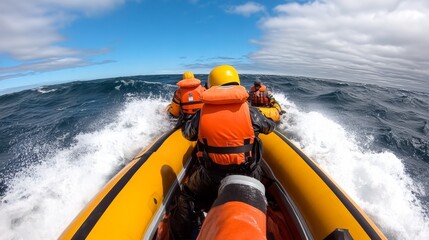 Obraz premium A group of people in life jackets ride a yellow inflatable boat across the ocean