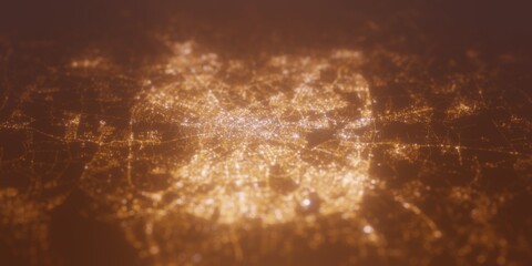 Street lights map of Minsk (Belarus) with tilt-shift effect, view from west. Imitation of macro shot with blurred background. 3d render, selective focus