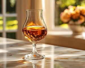 Brandy glass on a marble countertop reflecting light