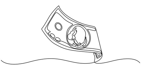 a stack of paper money, cash, banknotes, dollars, in one line. Continuous line drawing of dollars, bundles of money, The banknote has a US dollar symbol in the middle line art vector business concept.