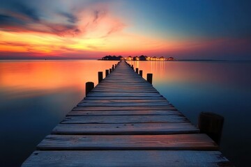 Wooden pier leading to a tranquil island at sunset