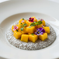 A close up of a dessert plate featuring diced mangoes on chia seed pudding garnished with flowers