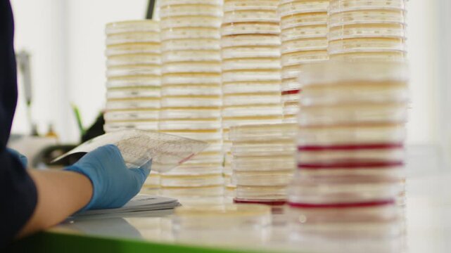 A biotechnologist works with a Petri dish containing a culture medium, using an inoculating loop. Concept microbiological research and innovative methods in working with microorganisms.